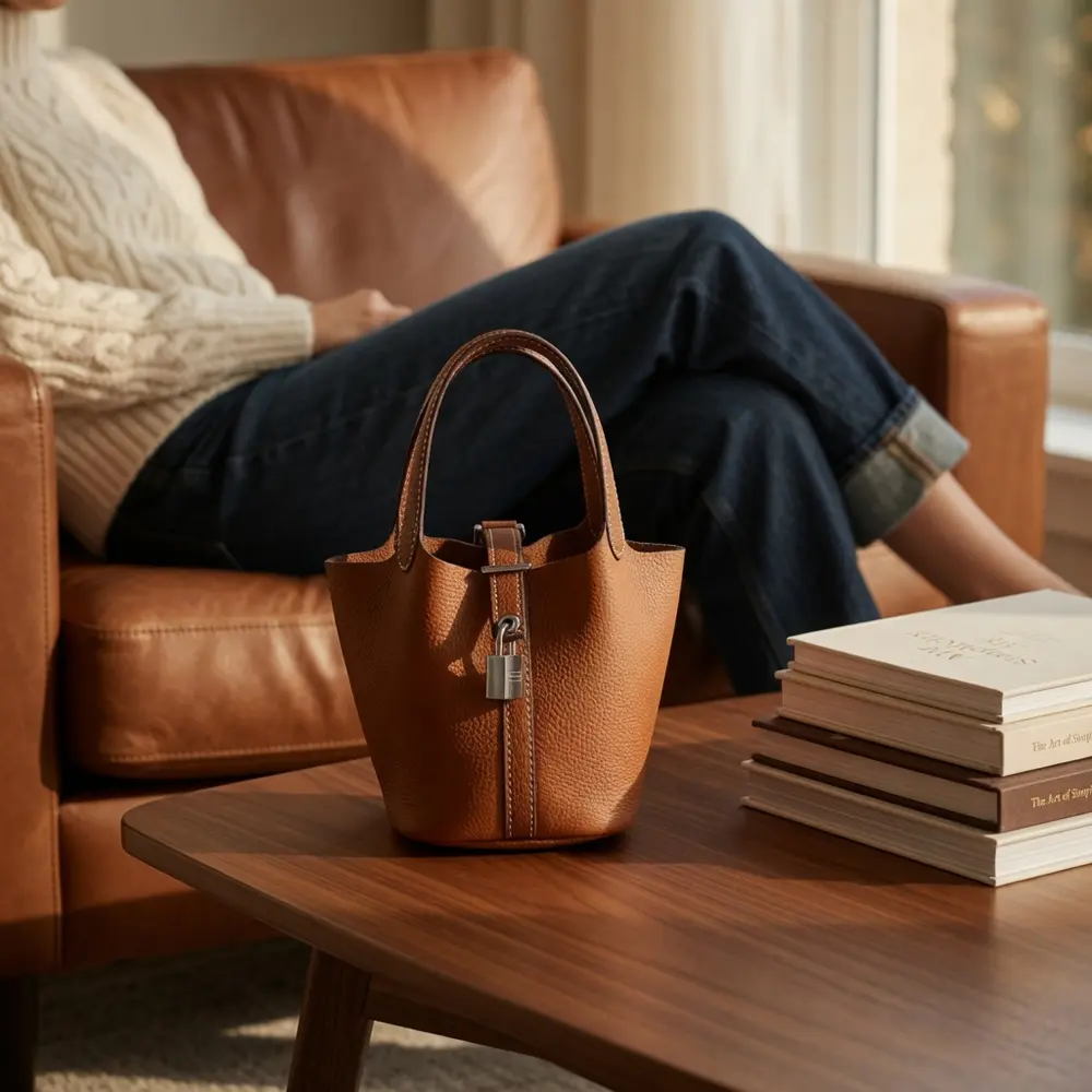 Bansuri (S) Tan Premium cowhide leather mini bucket Bag for women| ladies everyday handbag| durable & stylish bag| Multi-purpose bag for work, travel, sopping
