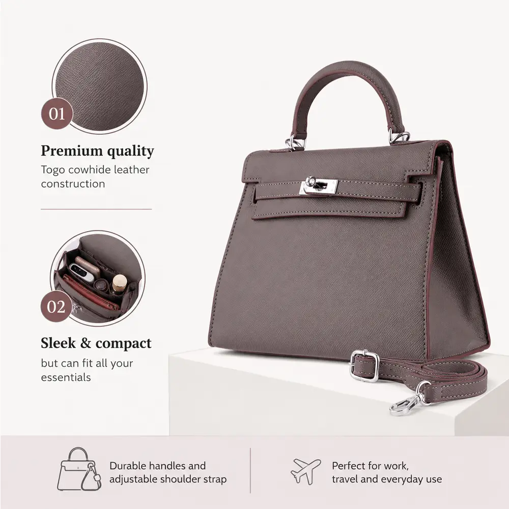 Meilin (M) - Grey Premium cowhide leather crossbody Bag for women| everyday handbag| durable & stylish ladies shoulder bags| Multi-purpose bags for work, travel, sopping - Image 4