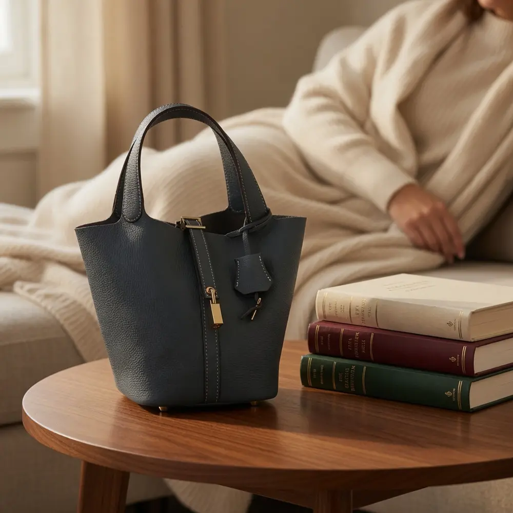 Bansuri (M) - Whale Blue Premium cowhide leather bucket Bag for women| spacious everyday handbag| durable & stylish Ladies shoulder bag| Multi-purpose bag for work, travel, sopping