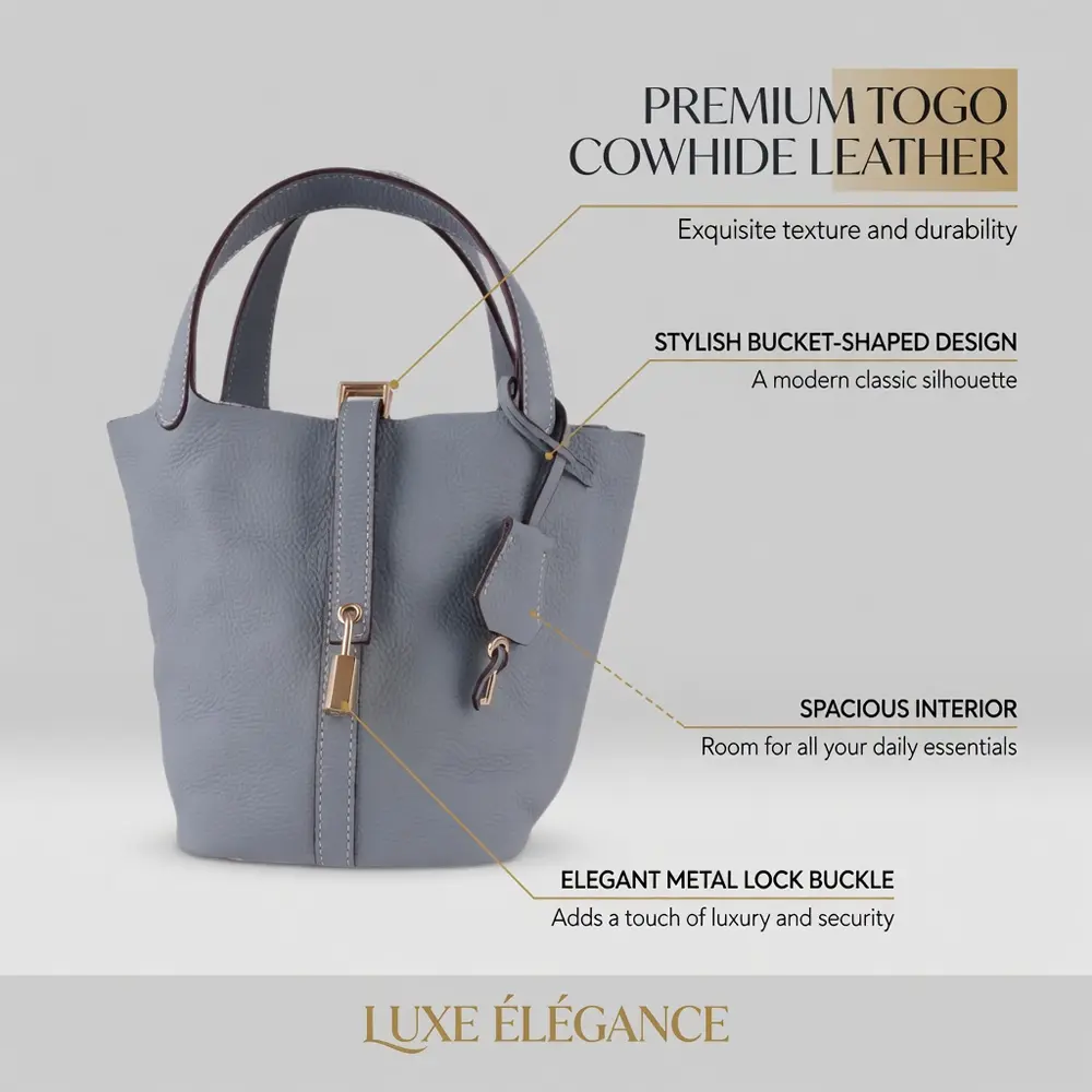 Bansuri (M) - Powder Blue Premium cowhide leather bucket Bag for women| spacious everyday handbag| durable & stylish Ladies shoulder bag| Multi-purpose bag for work, travel, sopping - Image 4